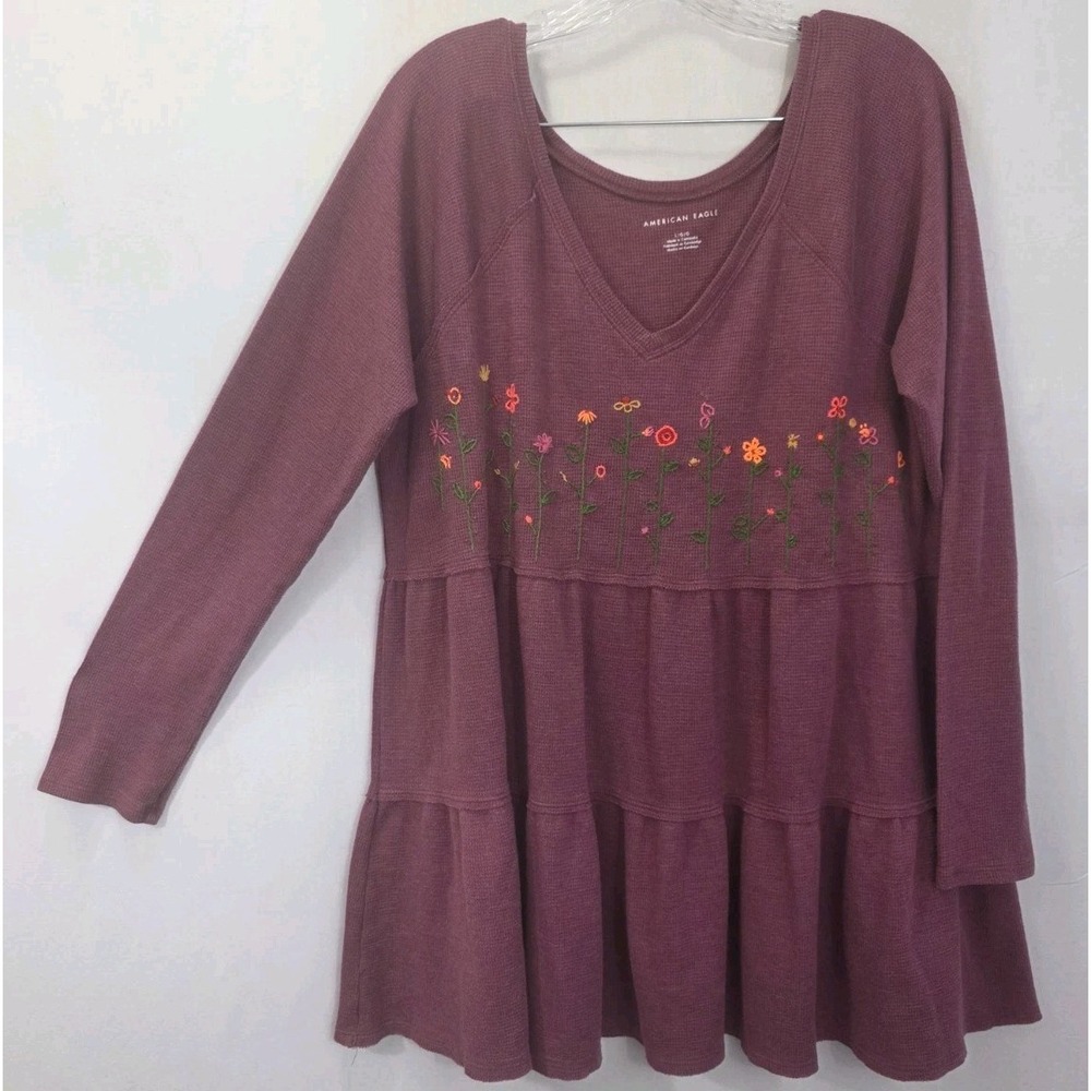 American Eagle Womens L Oversize Babydoll Waffleknit Embroidered Ruffle Boho